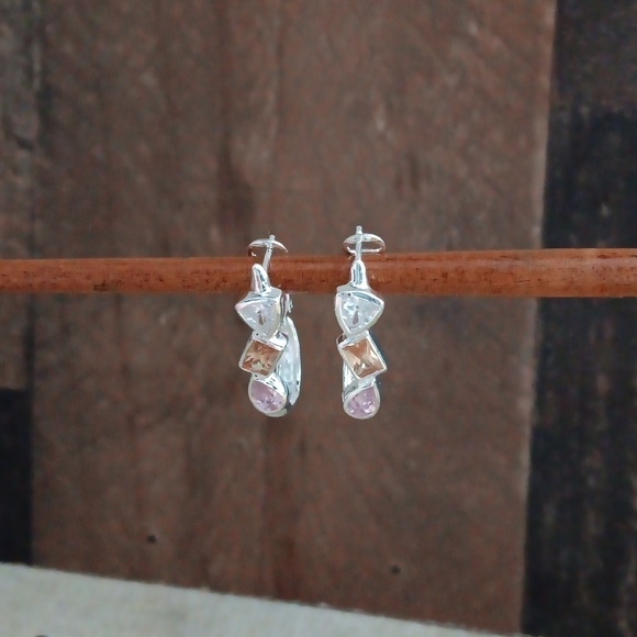 Silver Tone Clear, Gold and Pink Gemstone Leverback Earrings - Picture 4 of 8